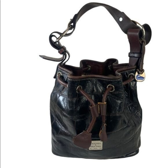 Dooney & Bourke Croc Embossed Leather Drawstring Shoulder Bag-Brown 10”W x 10”H - Picture 4 of 16